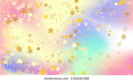  Random Falling Golden Stars on Honologram Background. Magic Flying Stars Confetti. Postcard, Packaging, Textile Print, Banner, Greeting Card, Christmas and New Year card. Vector Illustration.