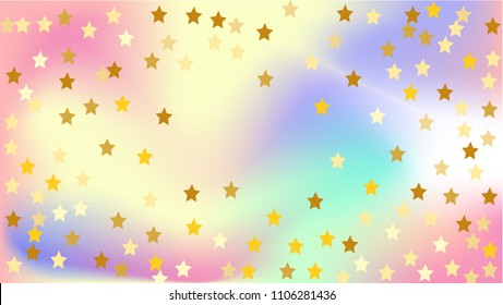  Random Falling Golden Stars on Honologram Background. Magic Flying Stars Confetti.  Banner, Greeting Card, Christmas and New Year card, Postcard, Packaging, Textile Print. Beautiful Night Sky