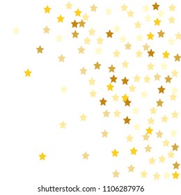  Random Falling Golden Stars on Honologram Background. Magic Flying Stars Confetti. Postcard, Packaging, Textile Print, Banner, Greeting Card, Christmas and New Year card. Vector Illustration.