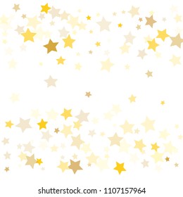  Random Falling Golden Stars on Honologram Background. Magic Flying Stars Confetti.  Banner, Greeting Card, Christmas and New Year card, Postcard, Packaging, Textile Print. Beautiful Night Sky