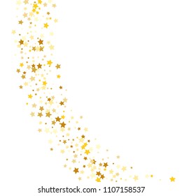  Random Falling Golden Stars on Honologram Background. Magic Flying Stars Confetti.  Banner, Greeting Card, Christmas and New Year card, Postcard, Packaging, Textile Print. Vector Illustration.