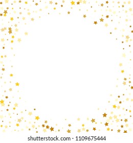  Random Falling Golden Stars on Honologram Background. Magic Flying Stars Confetti.  Banner, Greeting Card, Christmas and New Year card, Postcard, Packaging, Textile Print. Beautiful Night Sky