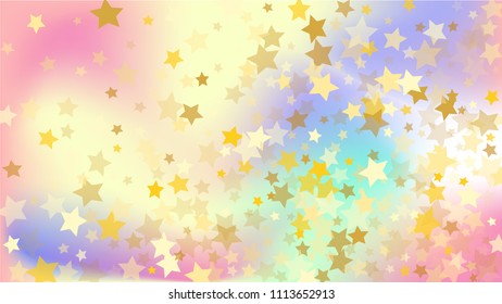  Random Falling Golden Stars on Honologram Background. Magic Flying Stars Confetti.  Banner, Greeting Card, Christmas and New Year card, Postcard, Packaging, Textile Print. Beautiful Night Sky
