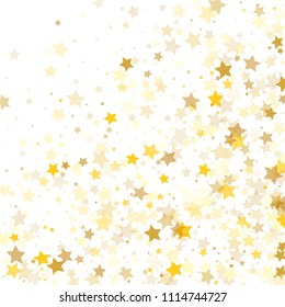  Random Falling Golden Stars on Honologram Background. Magic Flying Stars Confetti.  Banner, Greeting Card, Christmas and New Year card, Postcard, Packaging, Textile Print. Vector Illustration.