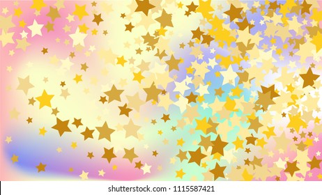 Random Falling Golden Stars on Honologram Background. Magic Flying Stars Confetti. Postcard, Packaging, Textile Print, Banner, Greeting Card, Christmas and New Year card. Vector Illustration.