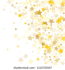  Random Falling Golden Stars on Honologram Background. Magic Flying Stars Confetti.  Banner, Greeting Card, Christmas and New Year card, Postcard, Packaging, Textile Print. Beautiful Night Sky