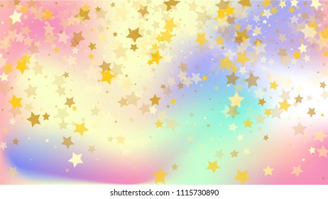  Random Falling Golden Stars on Honologram Background. Magic Flying Stars Confetti. Postcard, Packaging, Textile Print, Banner, Greeting Card, Christmas and New Year card. Vector Illustration.
