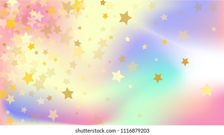  Random Falling Golden Stars on Honologram Background. Magic Flying Stars Confetti.  Banner, Greeting Card, Christmas and New Year card, Postcard, Packaging, Textile Print. Beautiful Night Sky
