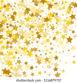  Random Falling Golden Stars on Honologram Background. Magic Flying Stars Confetti.  Banner, Greeting Card, Christmas and New Year card, Postcard, Packaging, Textile Print. Vector Illustration.