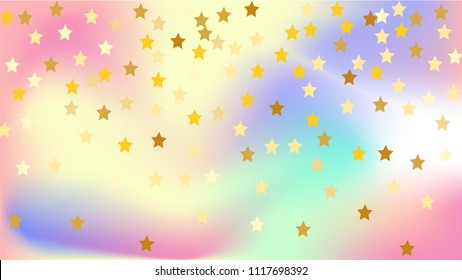  Random Falling Golden Stars on Honologram Background. Magic Flying Stars Confetti.  Banner, Greeting Card, Christmas and New Year card, Postcard, Packaging, Textile Print. Beautiful Night Sky