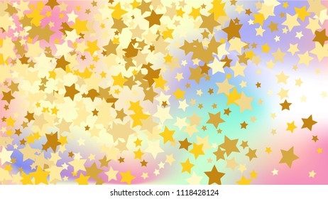  Random Falling Golden Stars on Honologram Background. Magic Flying Stars Confetti.  Banner, Greeting Card, Christmas and New Year card, Postcard, Packaging, Textile Print. Vector Illustration.