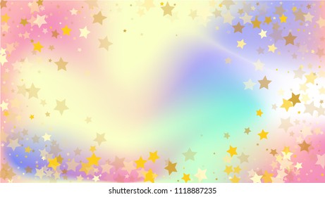  Random Falling Golden Stars on Honologram Background. Magic Flying Stars Confetti. Postcard, Packaging, Textile Print, Banner, Greeting Card, Christmas and New Year card. Vector Illustration.