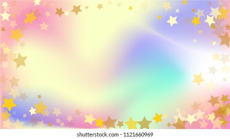  Random Falling Golden Stars on Hologram Background. Magic Flying Stars Confetti.  Banner, Greeting Card, Christmas and New Year card, Postcard, Packaging, Textile Print. Beautiful Night Sky