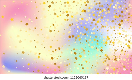  Random Falling Golden Stars on Honologram Background. Magic Flying Stars Confetti.  Banner, Greeting Card, Christmas and New Year card, Postcard, Packaging, Textile Print. Vector Illustration.
