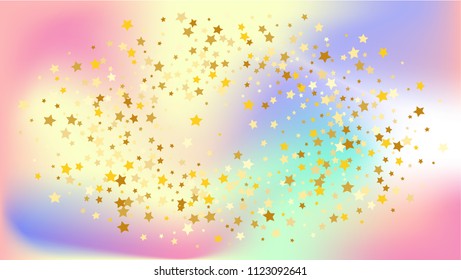  Random Falling Golden Stars on Honologram Background. Magic Flying Stars Confetti.  Banner, Greeting Card, Christmas and New Year card, Postcard, Packaging, Textile Print. Vector Illustration.