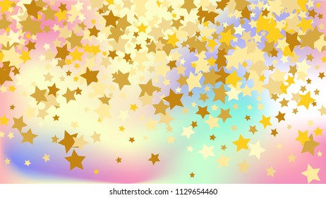  Random Falling Golden Stars on Honologram Background. Magic Flying Stars Confetti. Postcard, Packaging, Textile Print, Banner, Greeting Card, Christmas and New Year card. Vector Illustration.
