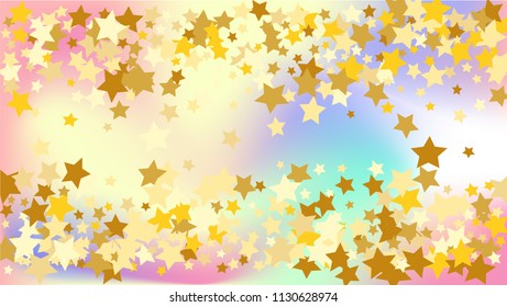  Random Falling Golden Stars on Honologram Background. Magic Flying Stars Confetti. Postcard, Packaging, Textile Print, Banner, Greeting Card, Christmas and New Year card. Vector Illustration.