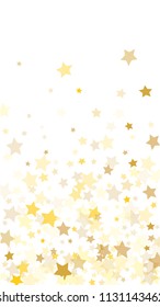  Random Falling Golden Stars on Honologram Background. Magic Flying Stars Confetti.  Banner, Greeting Card, Christmas and New Year card, Postcard, Packaging, Textile Print. Vector Illustration.