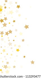  Random Falling Golden Stars on Honologram Background. Magic Flying Stars Confetti.  Banner, Greeting Card, Christmas and New Year card, Postcard, Packaging, Textile Print. Vector Illustration.