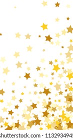  Random Falling Golden Stars on Honologram Background. Magic Flying Stars Confetti. Postcard, Packaging, Textile Print, Banner, Greeting Card, Christmas and New Year card. Vector Illustration.