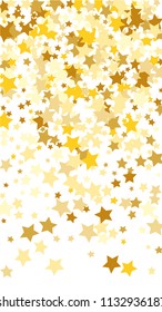  Random Falling Golden Stars on Honologram Background. Magic Flying Stars Confetti.  Banner, Greeting Card, Christmas and New Year card, Postcard, Packaging, Textile Print. Vector Illustration.