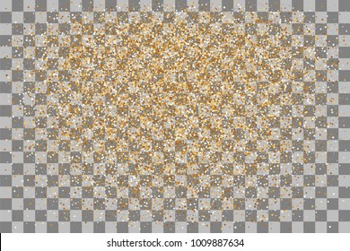 Random falling shimmer dust golden confetti. Transparent gold background luxury shine foil vector. Carnival glitter design. Shine banner card sparkle. Decorative festive holiday backdrop.