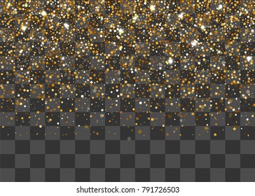 Random falling shimmer dust golden confetti. Transparent gold background luxury shine foil vector. Carnival glitter design. Shine banner card sparkle. Decorative festive holiday backdrop.