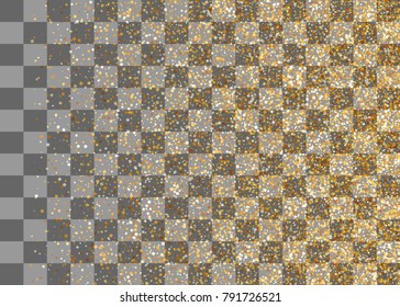 Random falling shimmer dust golden confetti. Transparent gold background luxury shine foil vector. Carnival glitter design. Shine banner card sparkle. Decorative festive holiday backdrop.