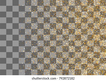 Random falling shimmer dust golden confetti. Transparent gold background luxury shine foil vector. Carnival glitter design. Shine banner card sparkle. Decorative festive holiday backdrop.