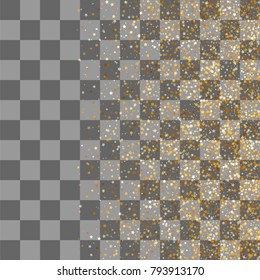 Random falling shimmer dust golden confetti. Transparent gold background luxury shine foil vector. Carnival glitter design. Shine banner card sparkle. Decorative festive holiday backdrop.