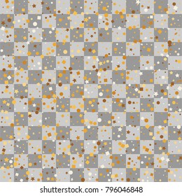 Random falling shimmer dust golden confetti. Transparent gold background luxury shine foil vector. Carnival glitter design. Shine banner card sparkle. Decorative festive holiday backdrop.
