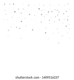 Random falling silver stars on white background. Elegant pattern for banner, greeting card, Christmas and New Year card, invitation, postcard, paper packaging. Vector illustration