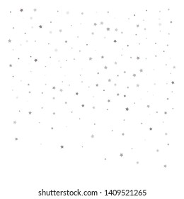 Random falling silver stars on white background. Elegant pattern for banner, greeting card, Christmas and New Year card, invitation, postcard, paper packaging. Vector illustration