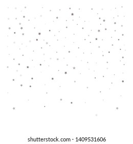 Random falling silver stars on white background. Elegant pattern for banner, greeting card, Christmas and New Year card, invitation, postcard, paper packaging. Vector illustration