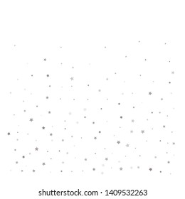 Random falling silver stars on white background. Elegant pattern for banner, greeting card, Christmas and New Year card, invitation, postcard, paper packaging. Vector illustration