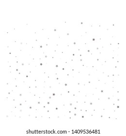 Random falling silver stars on white background. Elegant pattern for banner, greeting card, Christmas and New Year card, invitation, postcard, paper packaging. Vector illustration