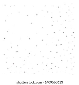 Random falling silver stars on white background. Elegant pattern for banner, greeting card, Christmas and New Year card, invitation, postcard, paper packaging. Vector illustration