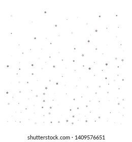 Random falling silver stars on white background. Elegant pattern for banner, greeting card, Christmas and New Year card, invitation, postcard, paper packaging. Vector illustration
