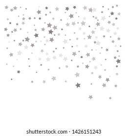 Random falling silver stars on white background. Elegant pattern for banner, greeting card, Christmas and New Year card, invitation, postcard, paper packaging. Vector illustration