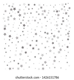 Random falling silver stars on white background. Elegant pattern for banner, greeting card, Christmas and New Year card, invitation, postcard, paper packaging. Vector illustration