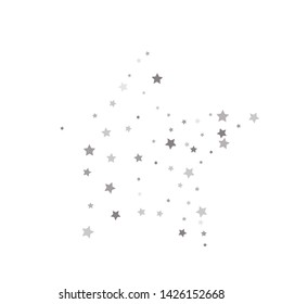 Random falling silver stars on white background. Elegant pattern for banner, greeting card, Christmas and New Year card, invitation, postcard, paper packaging. Vector illustration