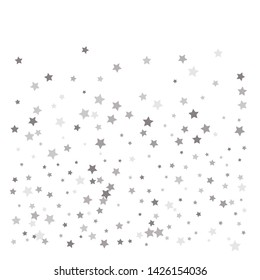 Random falling silver stars on white background. Elegant pattern for banner, greeting card, Christmas and New Year card, invitation, postcard, paper packaging. Vector illustration