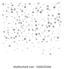 Random falling silver stars on white background. Elegant pattern for banner, greeting card, Christmas and New Year card, invitation, postcard, paper packaging. Vector illustration