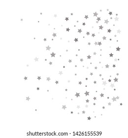 Random falling silver stars on white background. Elegant pattern for banner, greeting card, Christmas and New Year card, invitation, postcard, paper packaging. Vector illustration