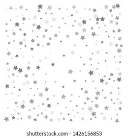 Random falling silver stars on white background. Elegant pattern for banner, greeting card, Christmas and New Year card, invitation, postcard, paper packaging. Vector illustration