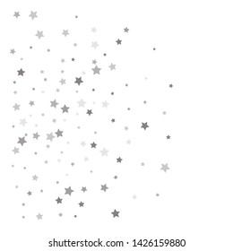 Random falling silver stars on white background. Elegant pattern for banner, greeting card, Christmas and New Year card, invitation, postcard, paper packaging. Vector illustration