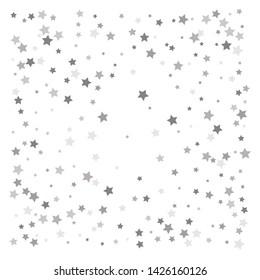 Random falling silver stars on white background. Elegant pattern for banner, greeting card, Christmas and New Year card, invitation, postcard, paper packaging. Vector illustration