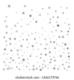 Random falling silver stars on white background. Elegant pattern for banner, greeting card, Christmas and New Year card, invitation, postcard, paper packaging. Vector illustration