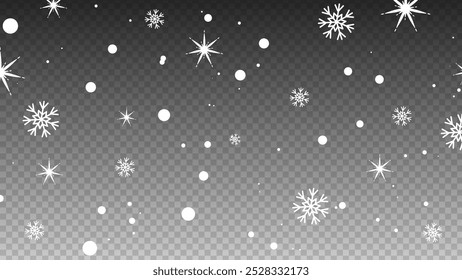 Random falling snow flakes on a transparent background. Snowfall dust freezes the granules. Snowy landscapes of nature, It's snowing! Falling snowflake