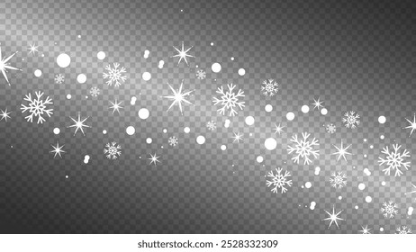 Random falling snow flakes on a transparent background. Snowfall dust freezes the granules. Snowy landscapes of nature.
